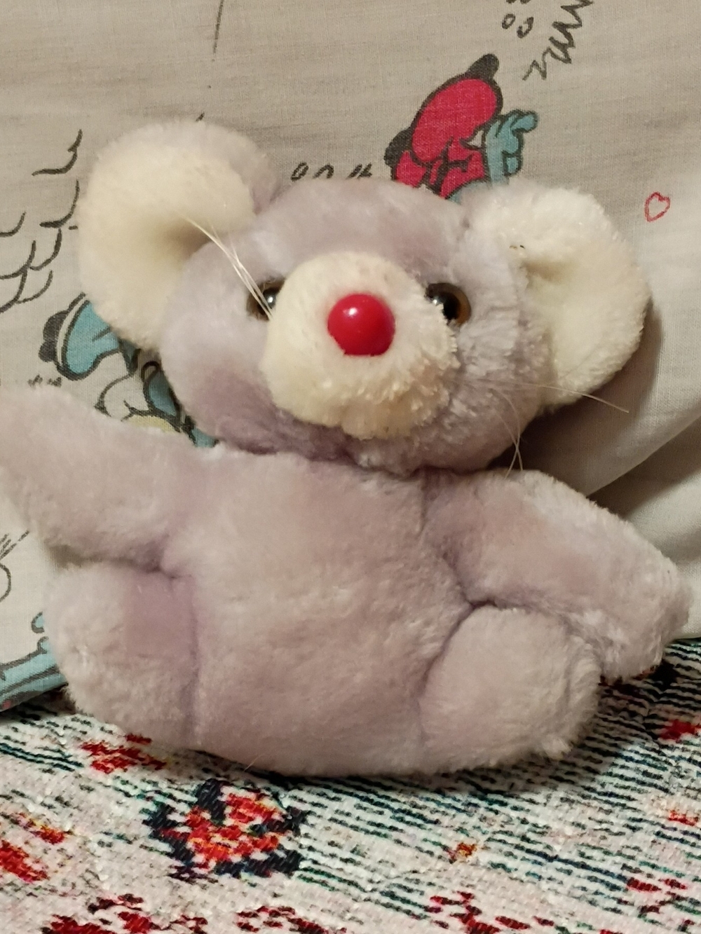 Vintage Lavender Grey Plush Bear with Cream Ears and Red Nose